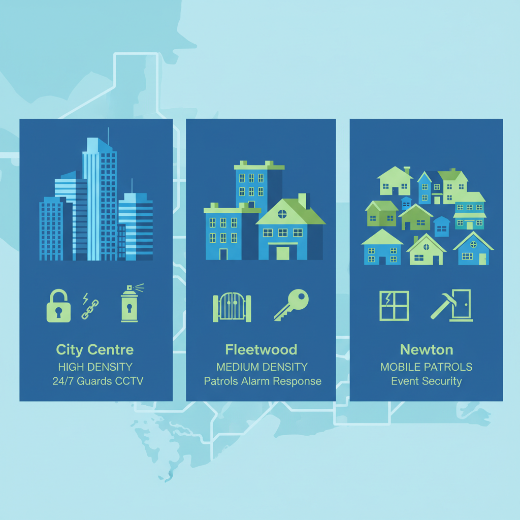 Infographic comparing security challenges and recommendations in Surrey's City Centre, Fleetwood, and Newton neighborhoods