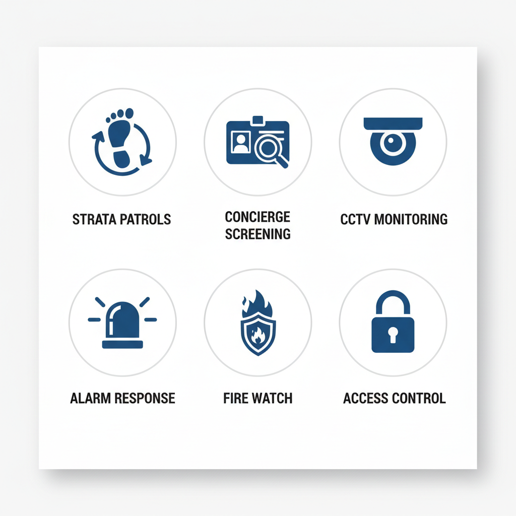 Grid of icons representing essential security services for Surrey condos including patrols, screening, monitoring, response, fire watch, and access control.