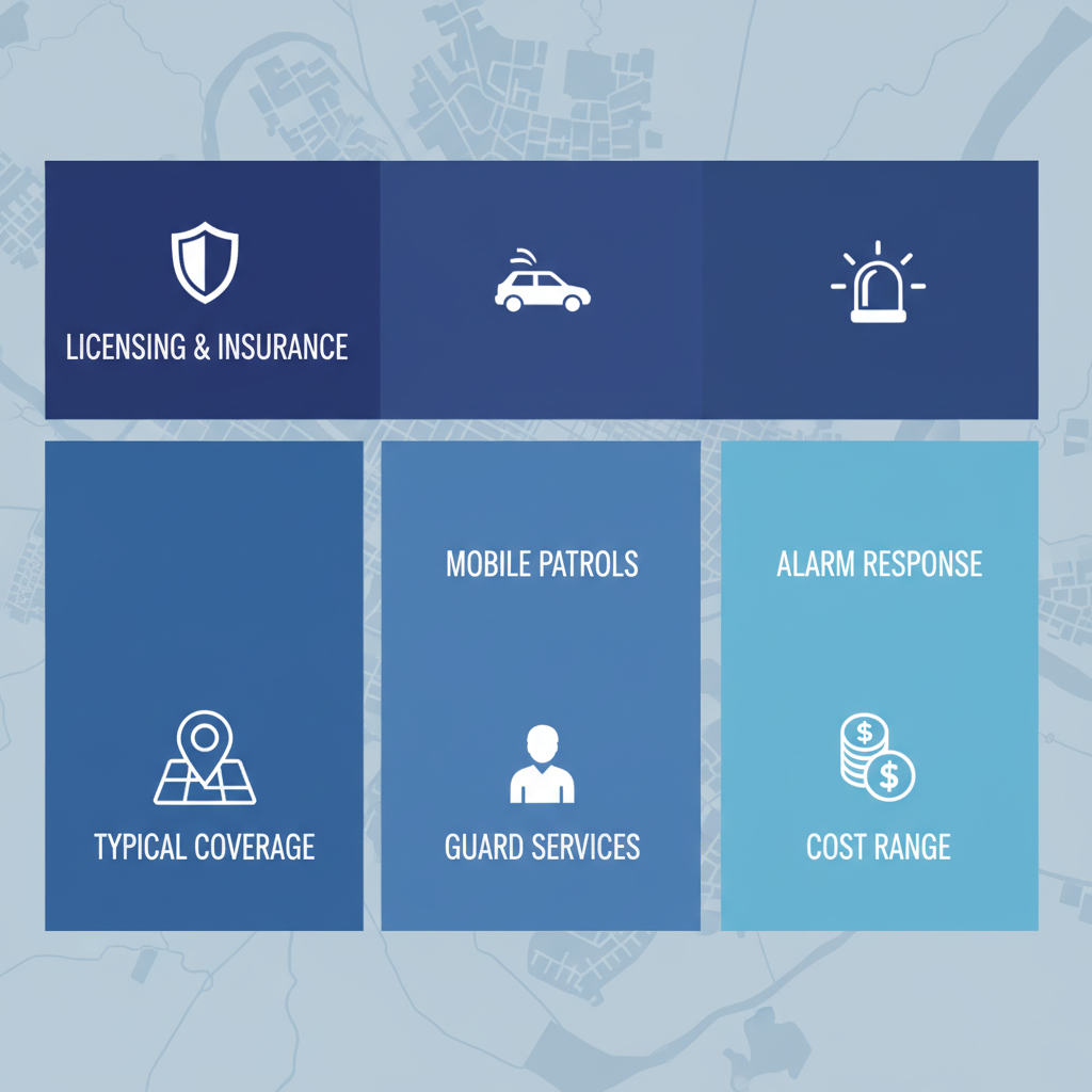 Infographic illustrating key aspects of security services in Surrey and surrounding areas including licensing, patrols, and costs