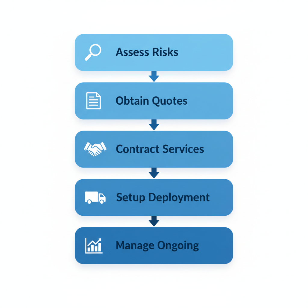 Vertical process flow diagram outlining five steps to implement security services in Surrey