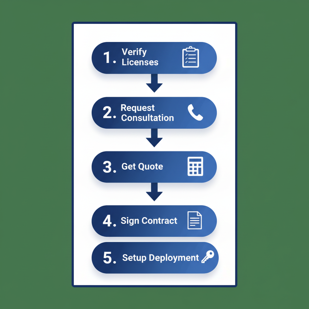 Vertical process flow diagram illustrating five steps to begin security services in Richmond: verifying licenses, requesting consultation, getting a personalized quote, signing contract, and setting up deployment.