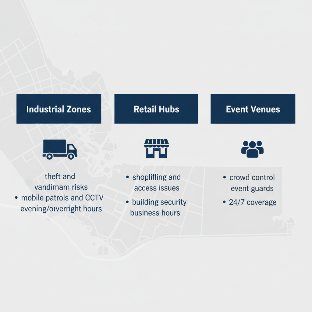 Infographic showing security challenges and solutions in Richmond BC industrial, retail, and event areas with icons and bullet points
