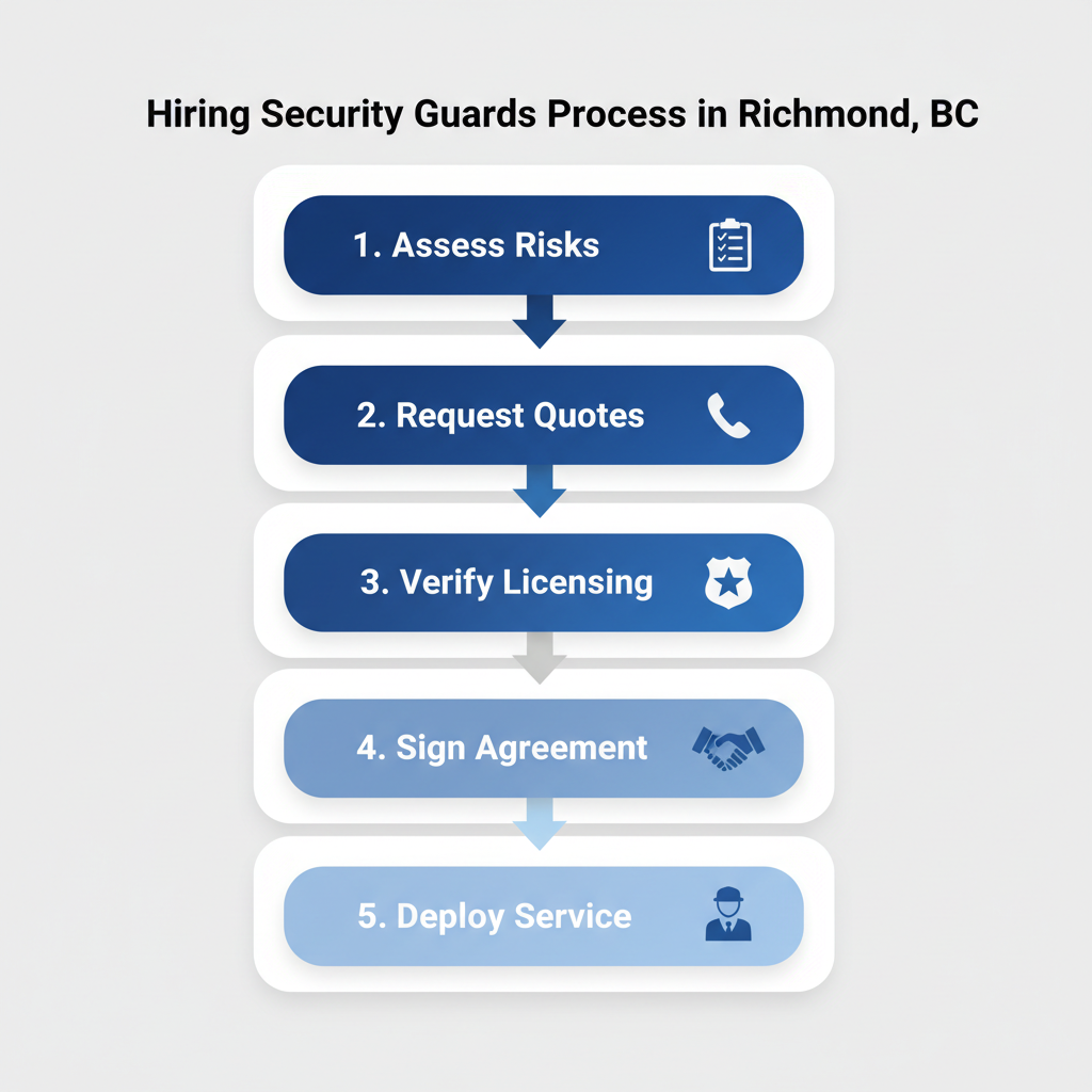 Vertical process flow diagram illustrating five steps for hiring security guards in Richmond, BC: assessing risks, requesting quotes, verifying licensing, signing agreement, and deploying service.