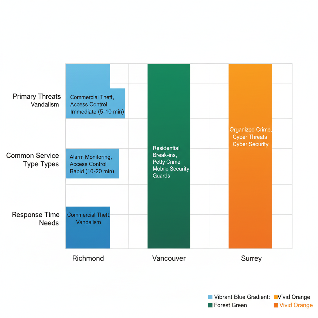 Horizontal bar chart comparing security threats, services, and response needs across Richmond, Vancouver, and Surrey.