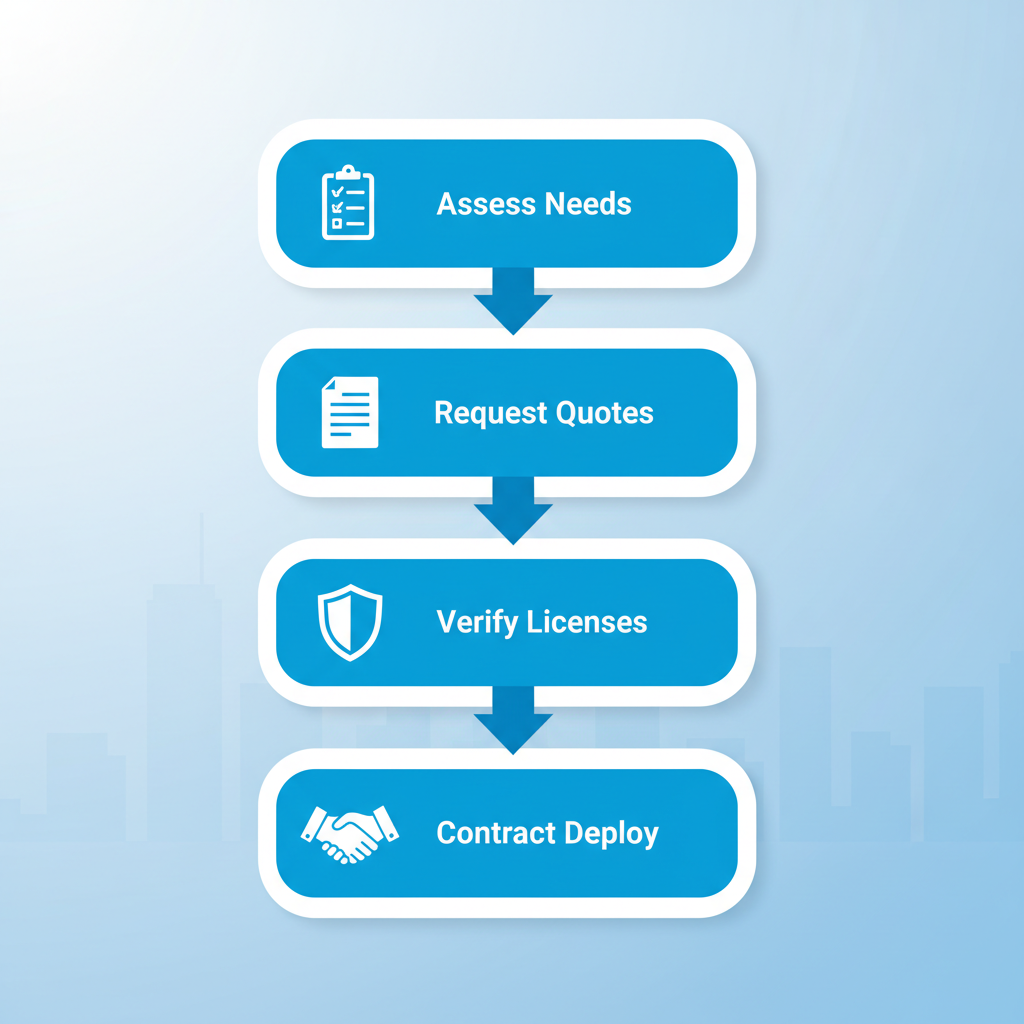 Vertical process flow diagram illustrating four steps to hire security guards in Richmond, BC: assess needs, request quotes, verify licenses, and contract deploy.