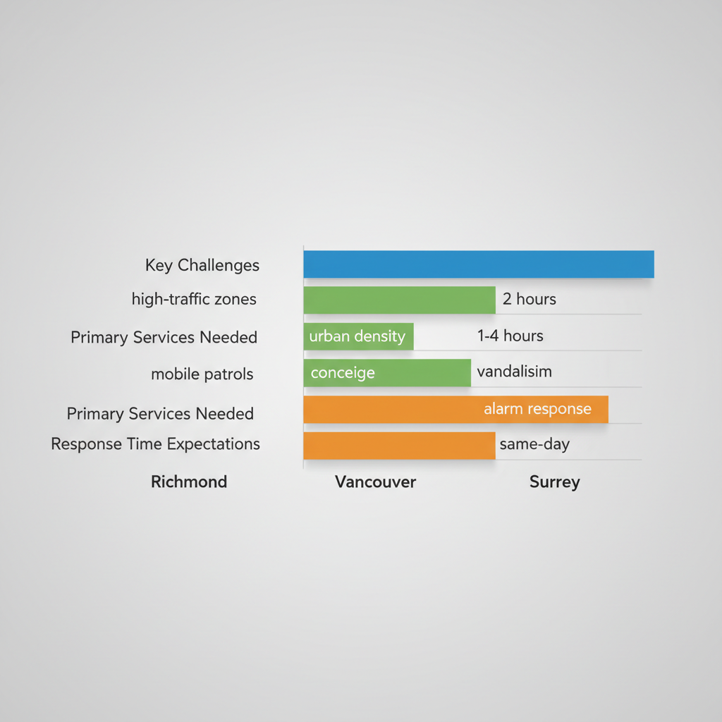 Horizontal bar chart comparing security challenges, primary services, and response times across Richmond, Vancouver, and Surrey in the Lower Mainland.
