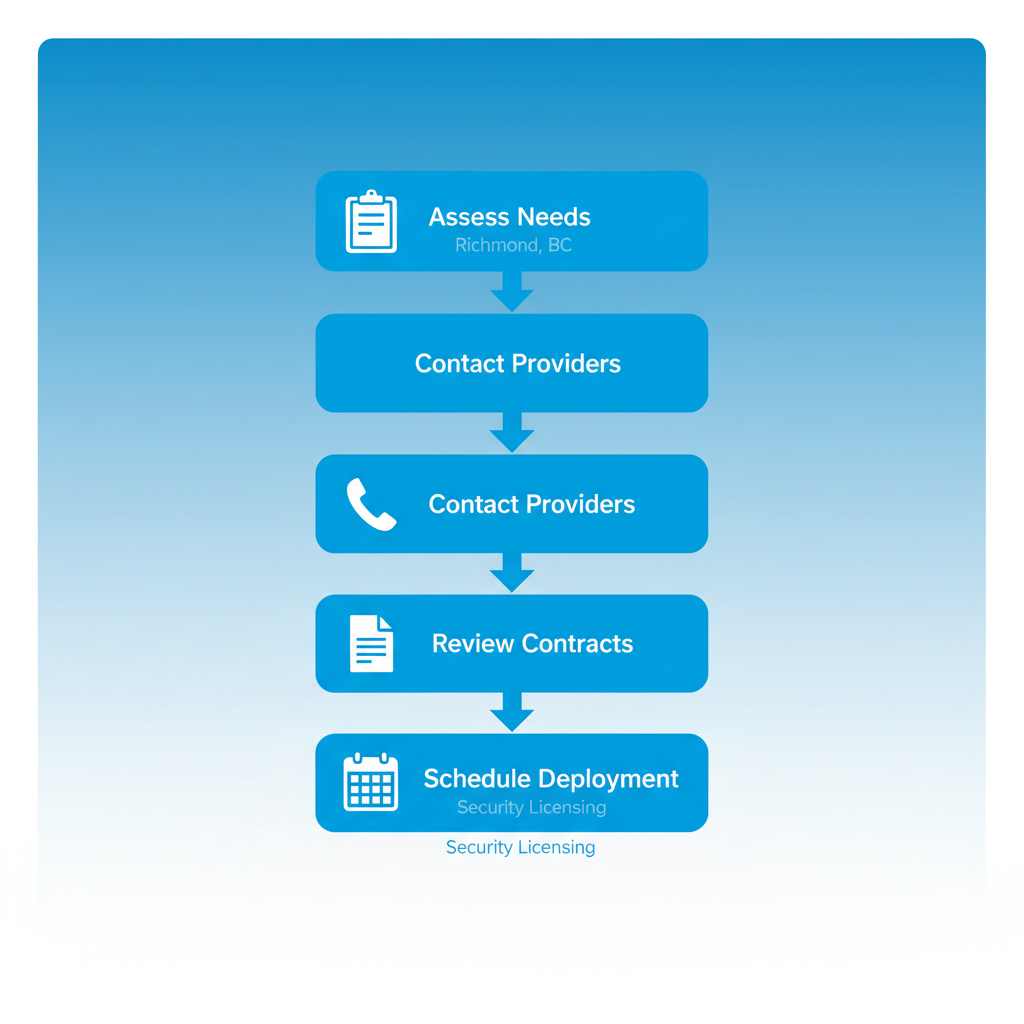 Vertical process flow diagram illustrating four steps to secure property in Richmond with icons for assessment, contact, review, and deployment.