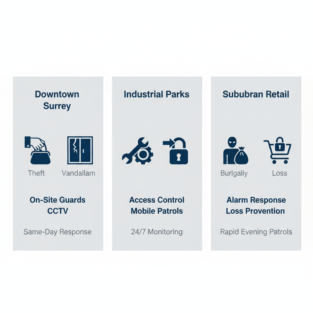 Infographic comparing security risks and solutions across Downtown Surrey, Industrial Parks, and Suburban Retail areas