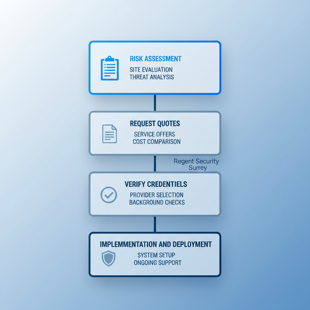 Vertical process flow illustrating four steps to start security services: risk assessment, request quotes, verify credentials, and deployment.