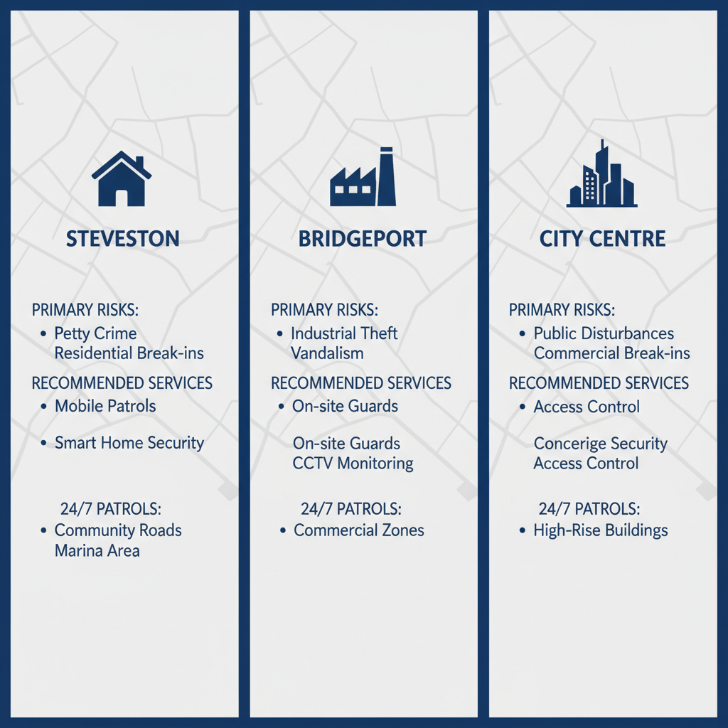 Infographic comparing security needs, risks, and recommended services across Steveston, Bridgeport, and City Centre neighborhoods in Richmond