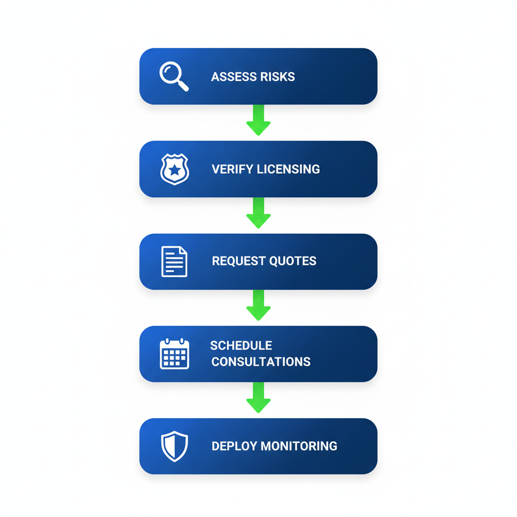 Vertical process flow illustrating five steps to hire security services in Richmond BC, from risk assessment to deployment with 24/7 monitoring.