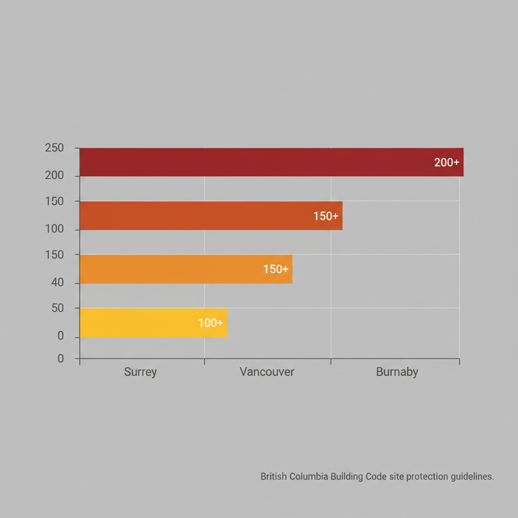Horizontal bar chart comparing estimated annual construction theft incidents in Surrey, Vancouver, and Burnaby across Lower Mainland areas