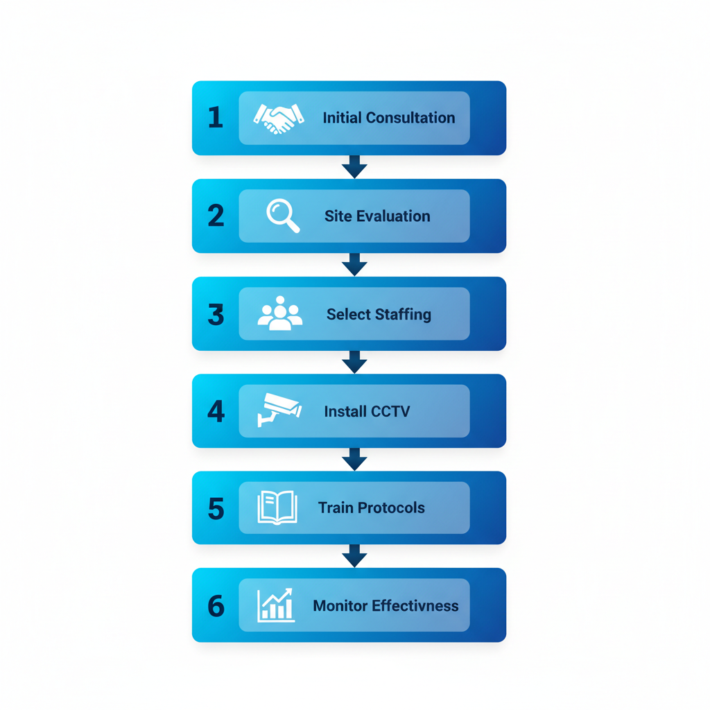 Vertical process flow diagram illustrating six steps for implementing construction security in Surrey, including consultation, site evaluation, staffing, CCTV installation, training, and monitoring with icons.