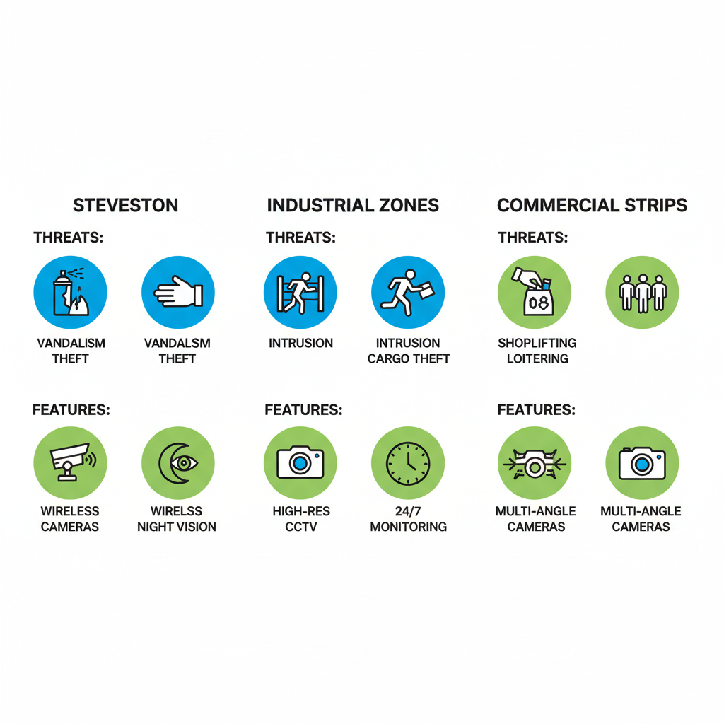 Infographic comparing surveillance needs in Steveston, industrial zones, and commercial strips of Richmond with icons for threats and features.