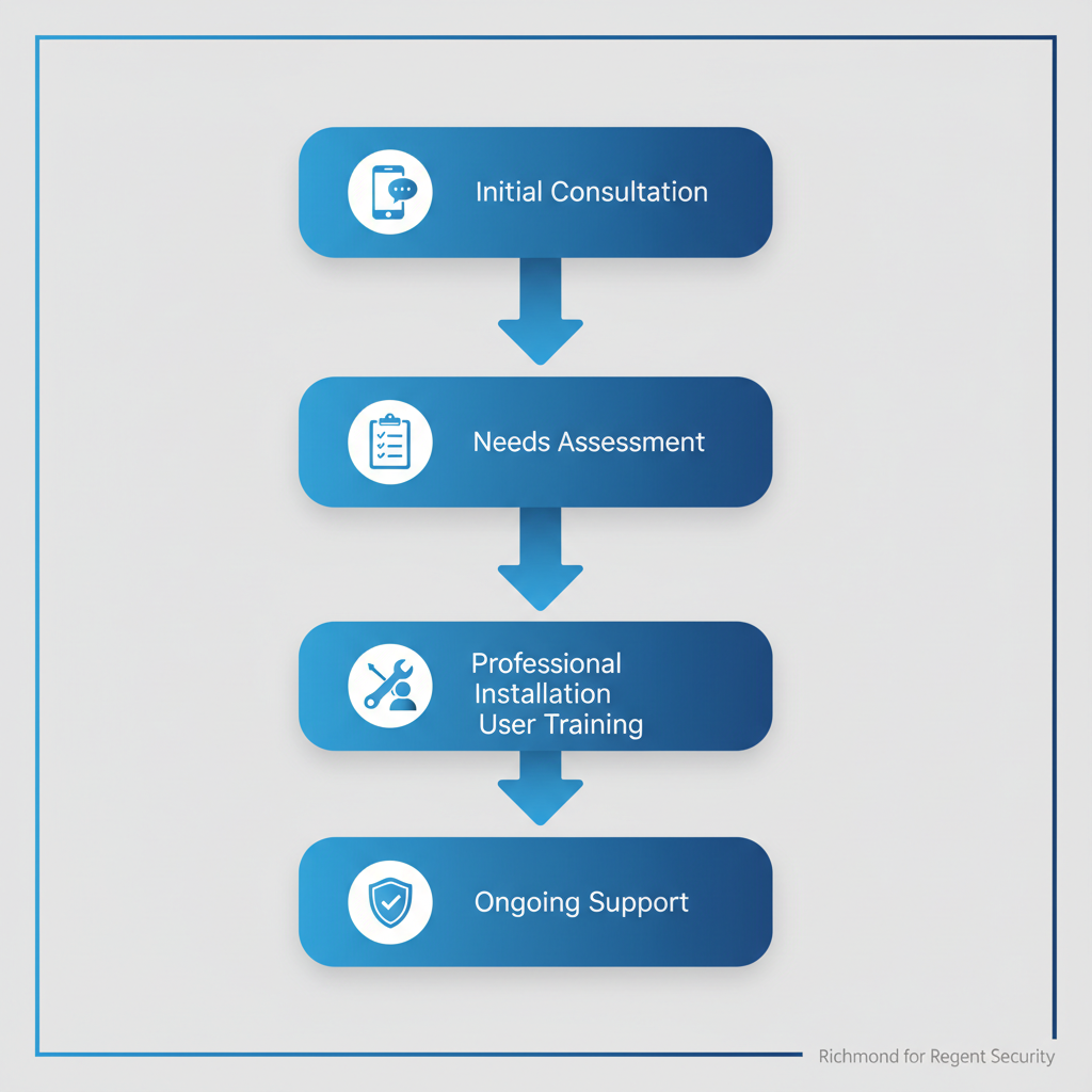 Vertical diagram illustrating the five-step process for setting up surveillance services in Richmond: consultation, assessment, installation, training, and support.