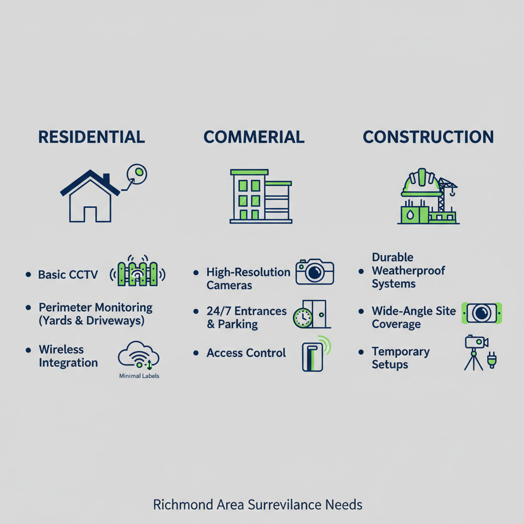 Infographic comparing surveillance needs for residential, commercial, and construction properties in Richmond with icons and labels