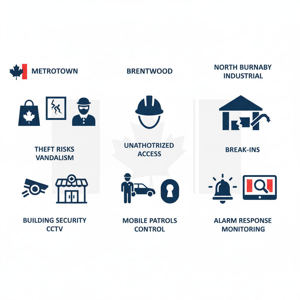 Infographic comparing security risks and Regent Security solutions in Metrotown, Brentwood, and North Burnaby Industrial areas of Burnaby