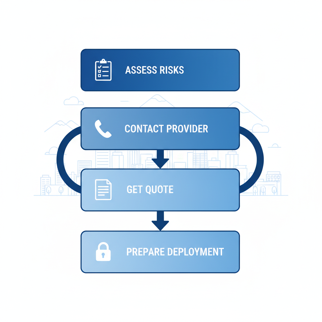Vertical process flow diagram showing four steps to start security services in Burnaby: assess risks, contact provider, obtain quote, and prepare deployment.