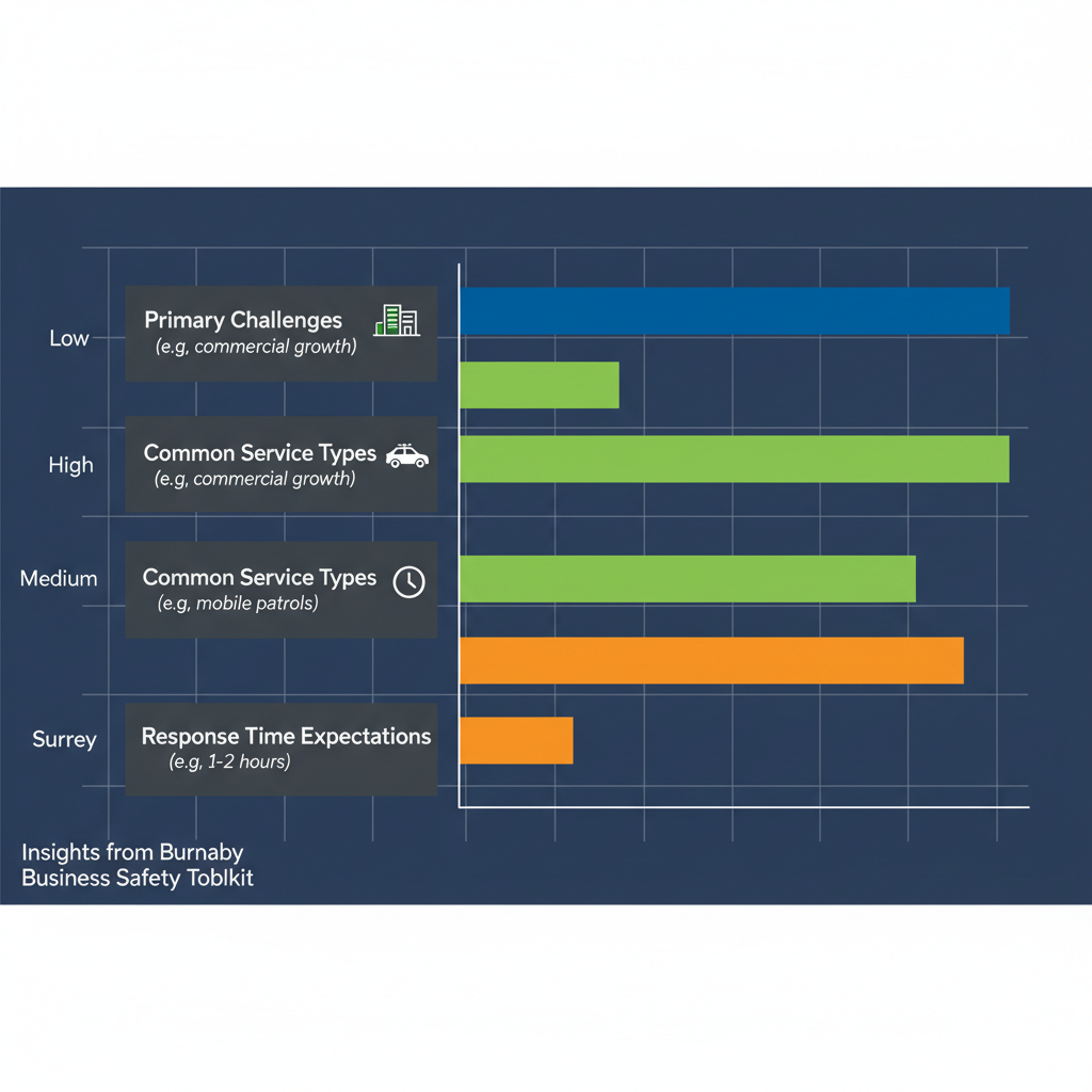 Horizontal bar chart comparing security challenges, service types, and response times for Burnaby, Vancouver, and Surrey, with color-coded bars and icons.