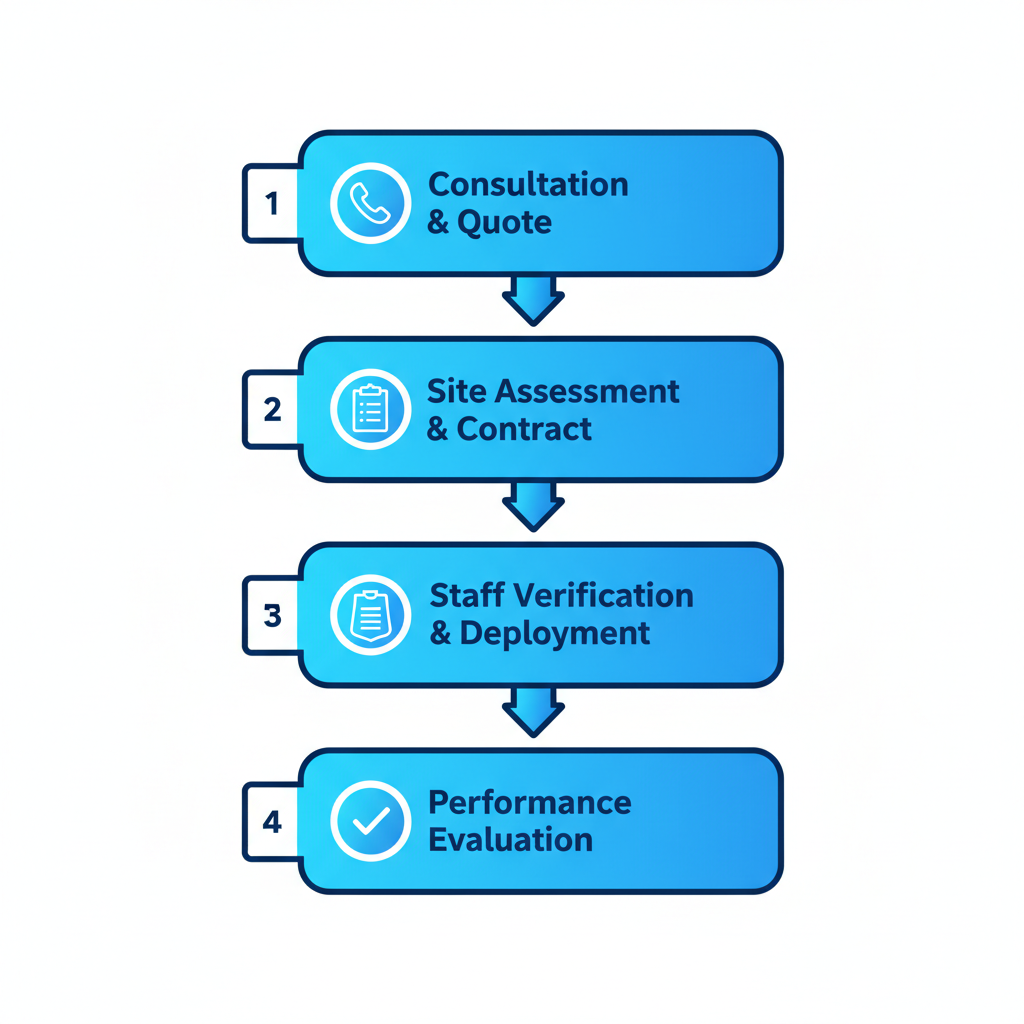 Vertical process flow diagram showing four steps to initiate security services with Regent Security in Burnaby.
