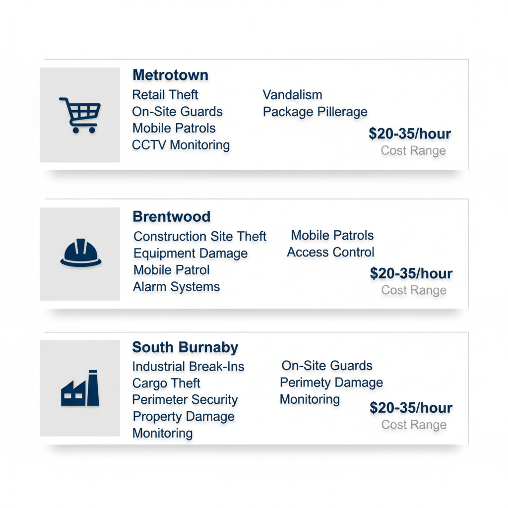 Infographic comparing security risks and services in Burnaby's Metrotown, Brentwood, and South Burnaby neighborhoods