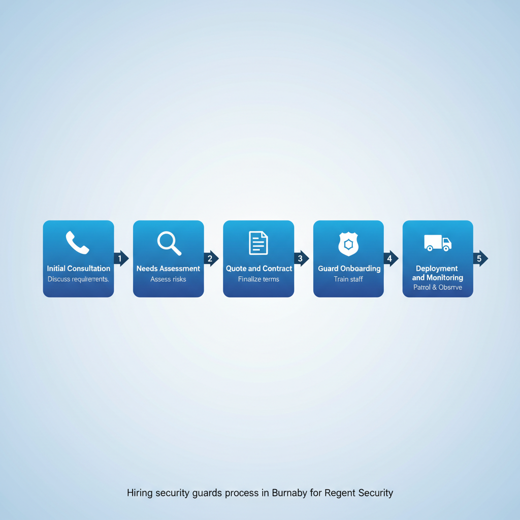 Horizontal process flow diagram showing five steps to hire security guards in Burnaby, including consultation, assessment, quoting, onboarding, and deployment with icons.