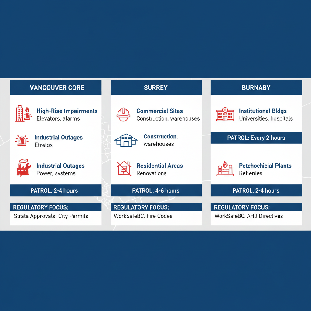 Infographic comparing fire watch requirements, patrol frequencies, and regulations across Vancouver Core, Surrey, and Burnaby areas