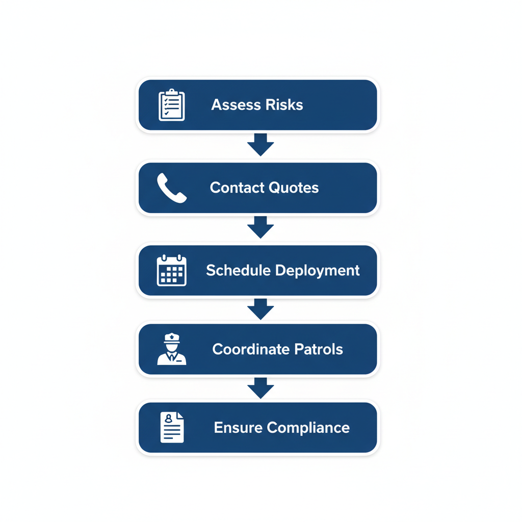 Vertical process flow diagram illustrating the five steps to arrange fire watch services: assess risks, contact for quotes, schedule deployment, coordinate patrols, and ensure compliance.