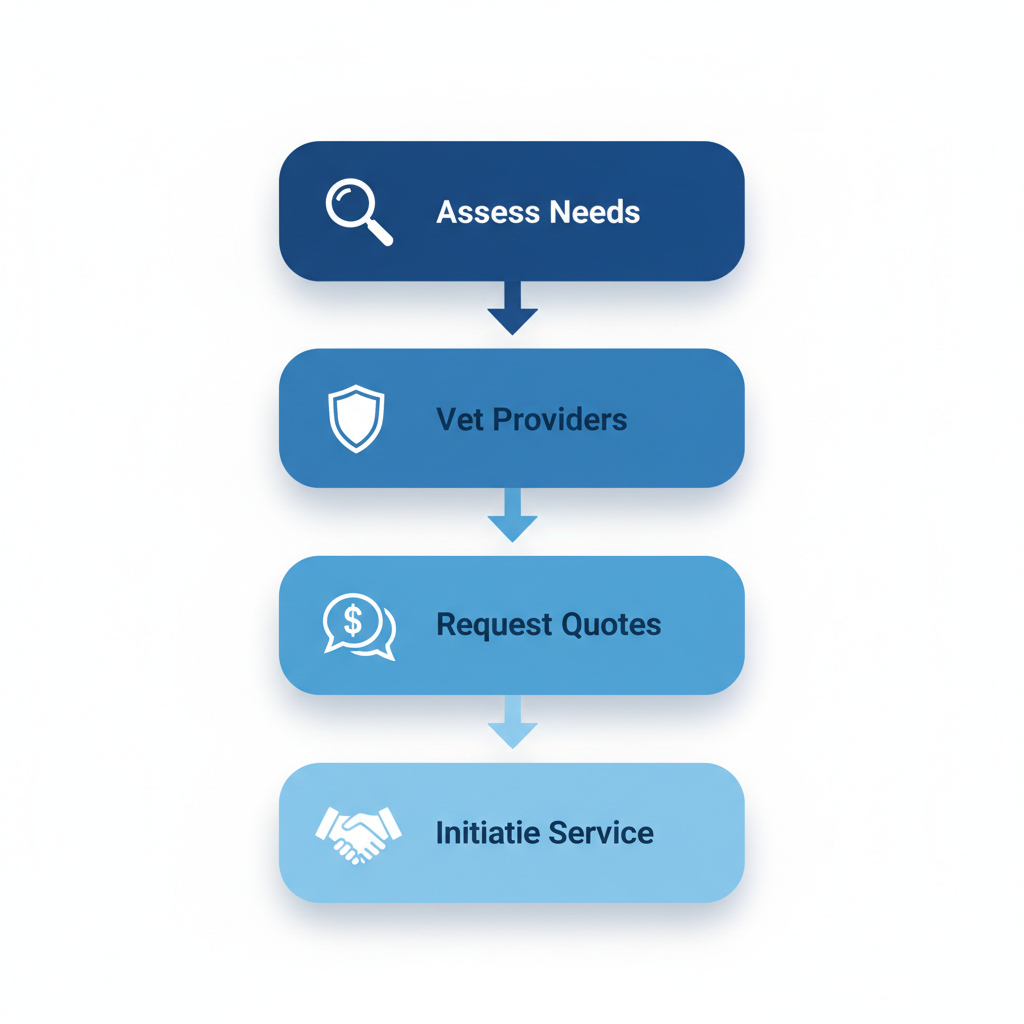 Vertical process flow diagram showing steps to hire security services in Burnaby