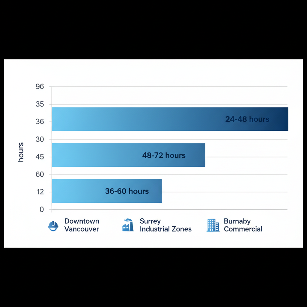 Horizontal bar chart comparing fire watch duration requirements in Downtown Vancouver, Surrey Industrial Zones, and Burnaby Commercial areas.