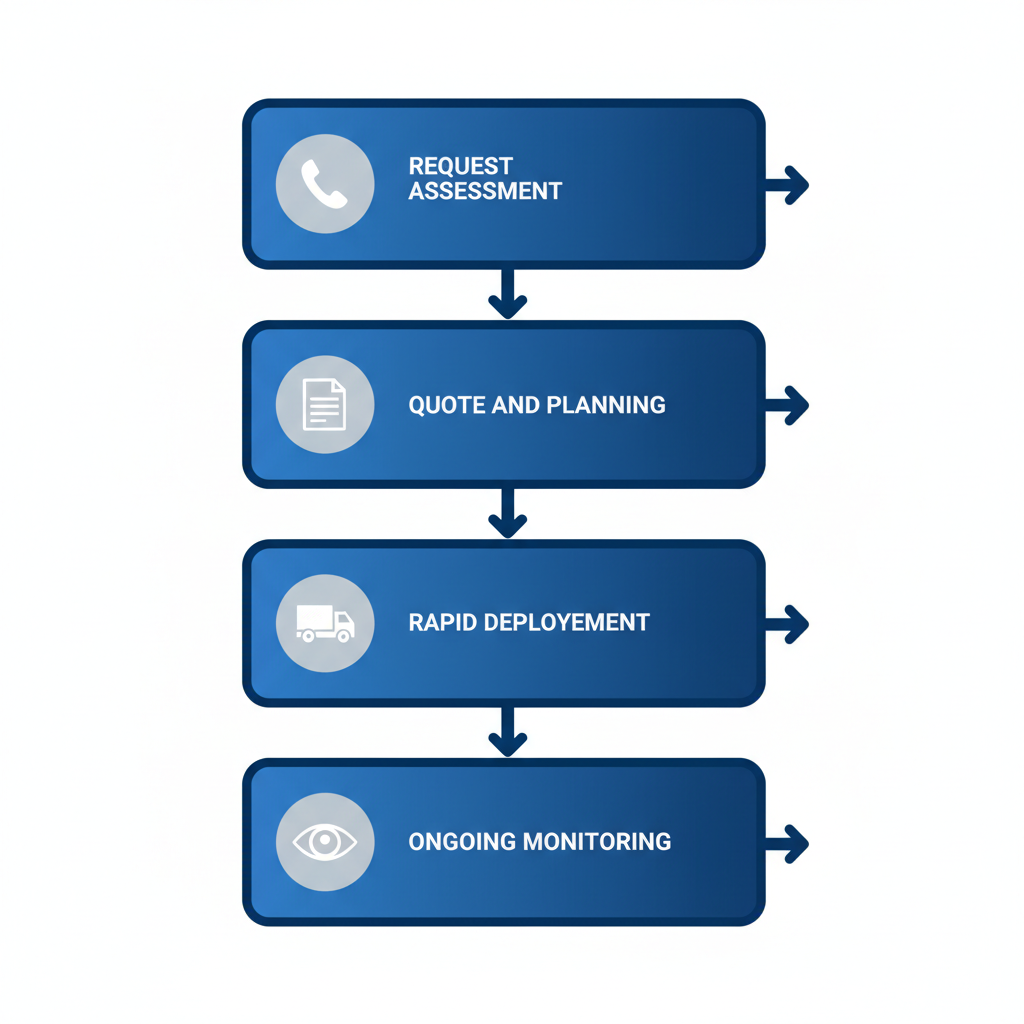Vertical process flow diagram illustrating fire watch service deployment stages in Vancouver: request assessment, quote and planning, rapid deployment, and ongoing monitoring.