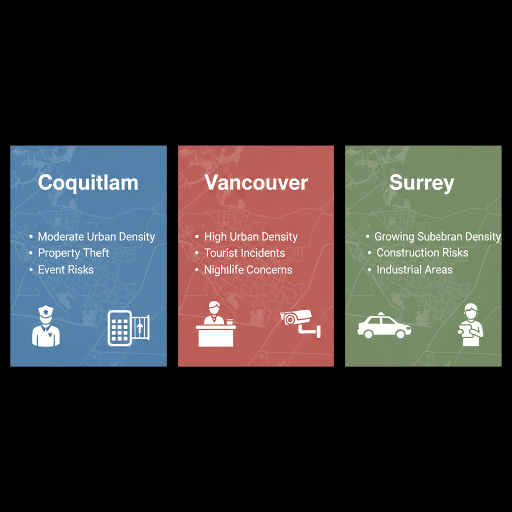 Infographic comparing security needs in Coquitlam, Vancouver, and Surrey with panels showing urban density, risks, and services.