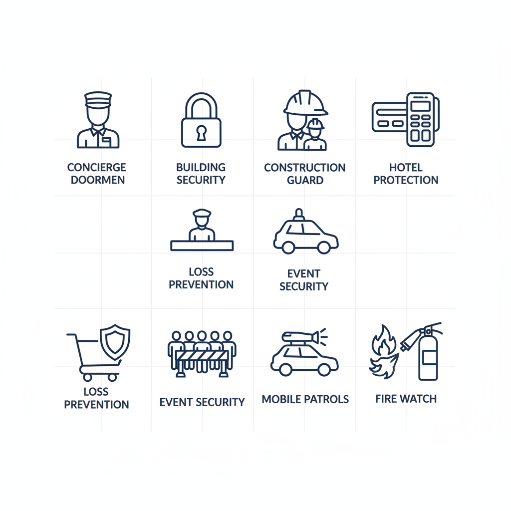 Set of eight icons depicting various security services: concierge, building security, construction site, hotel protection, loss prevention, event security, mobile patrols, and fire watch.