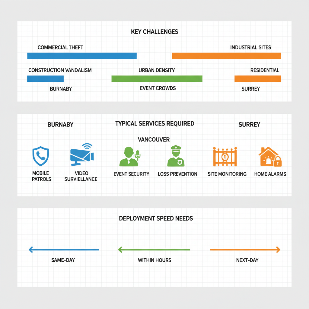 Infographic comparing security challenges, services, and deployment speeds for Burnaby, Vancouver, and Surrey in Lower Mainland.