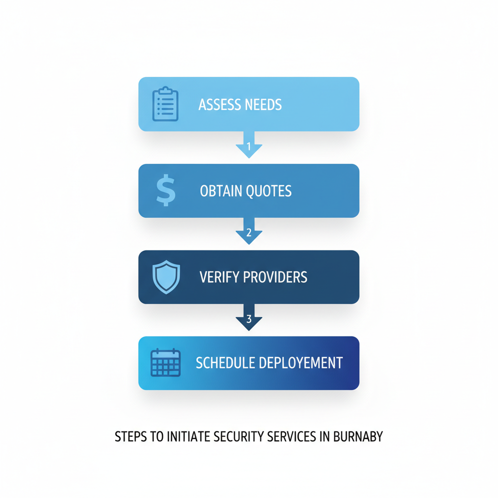 Vertical process flow diagram illustrating four steps to start security services in Burnaby: assess needs with clipboard, obtain quotes with dollar sign, verify providers with shield, schedule deployment with calendar.
