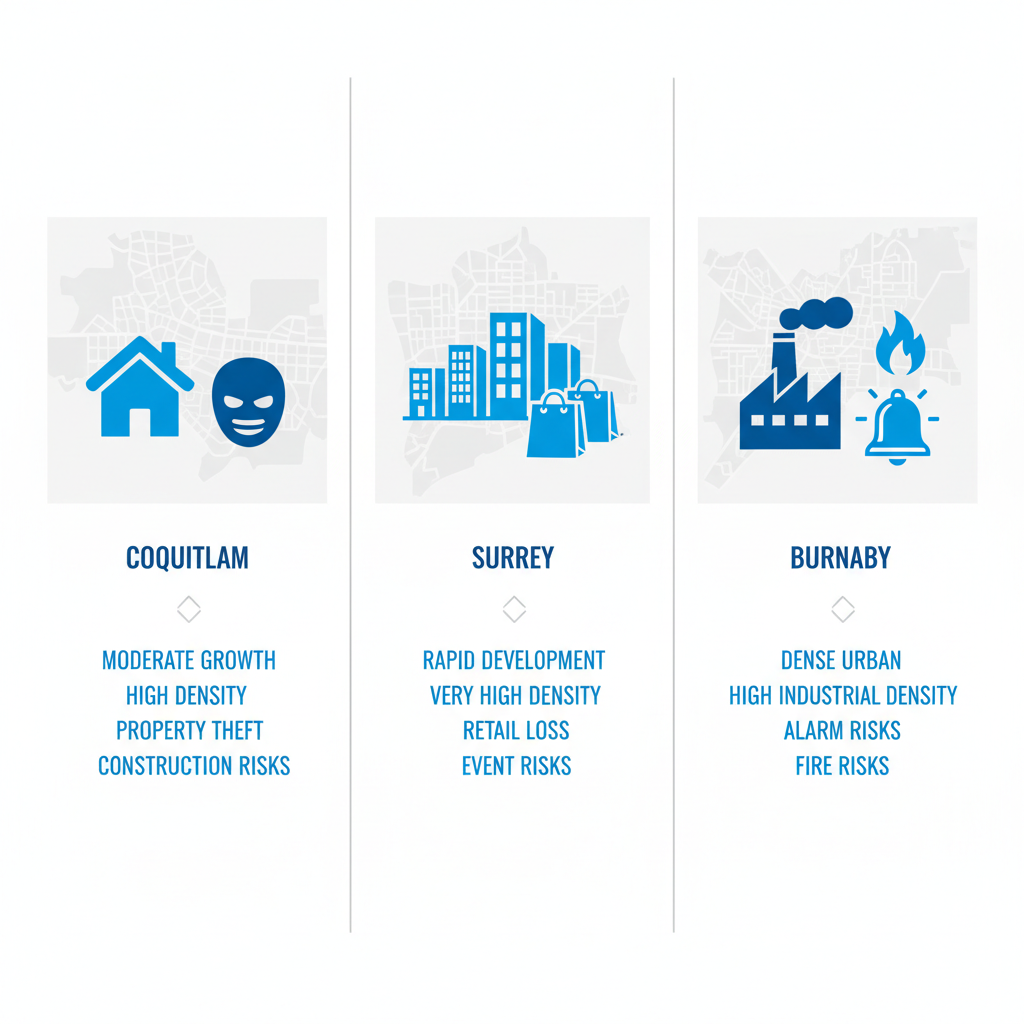 Infographic comparing security landscapes in Coquitlam, Surrey, and Burnaby with icons for urban growth, density, and risks.