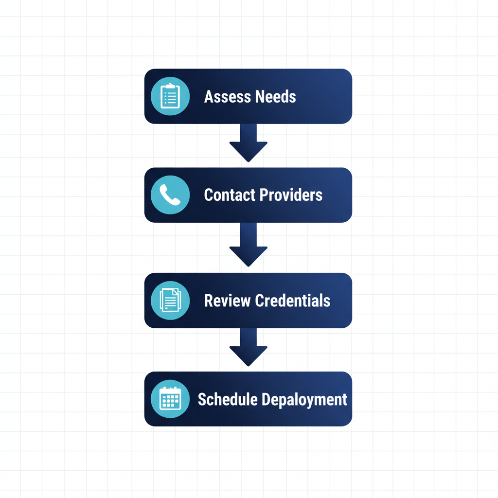 Vertical process flow diagram illustrating the four steps to hire a security guard company in Coquitlam: assess needs, contact providers, review credentials, and schedule deployment.