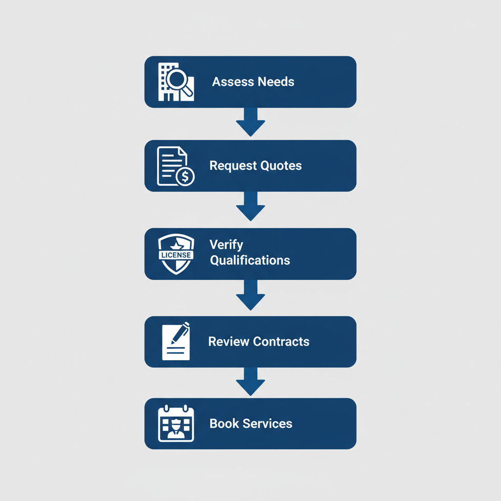 Vertical process flow diagram showing five steps to hire security guards in Burnaby, including icons for assessment, quotes, verification, contracts, and booking.