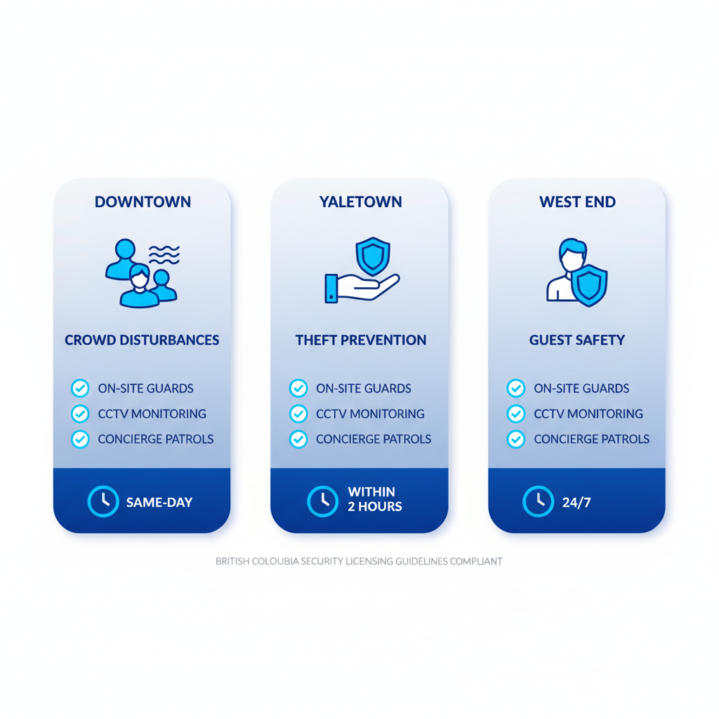 Infographic comparing hotel security risks, services, and deployment times in Vancouver's Downtown, Yaletown, and West End areas
