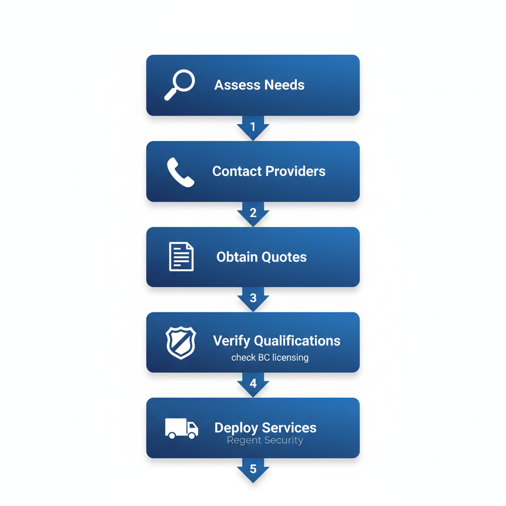 Vertical process flow diagram illustrating five steps to implement hotel security services in Vancouver