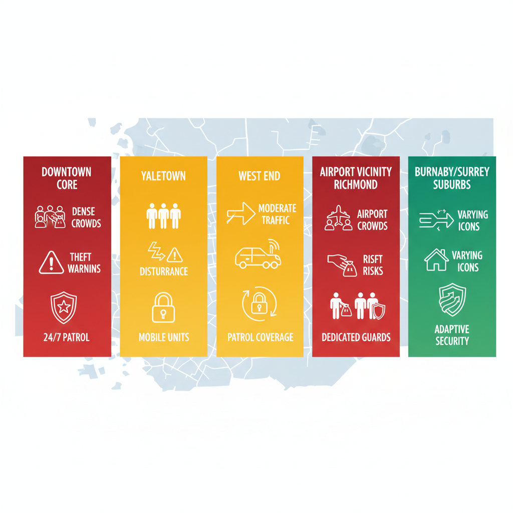 Infographic showing comparison of hotel security needs in five Vancouver areas with icons for traffic, risks, and coverage.