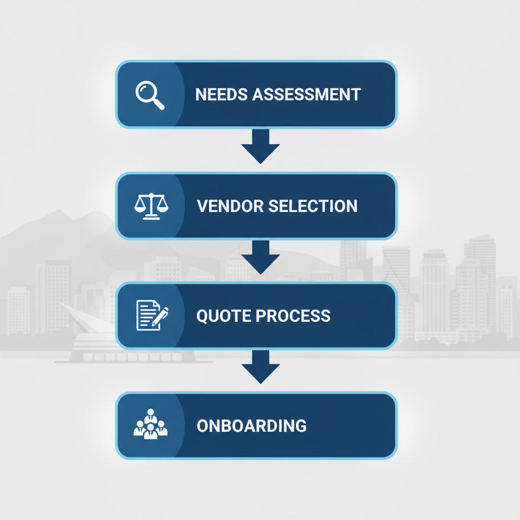 Vertical flowchart illustrating the four key steps for securing hotel security protection in Vancouver, including needs assessment, vendor selection, quote process, and onboarding implementation.