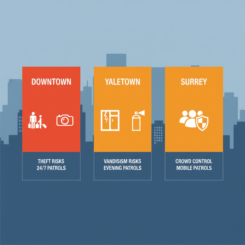 Infographic depicting hotel security requirements in Vancouver's Downtown, Yaletown, and Surrey with risk levels and patrol recommendations.
