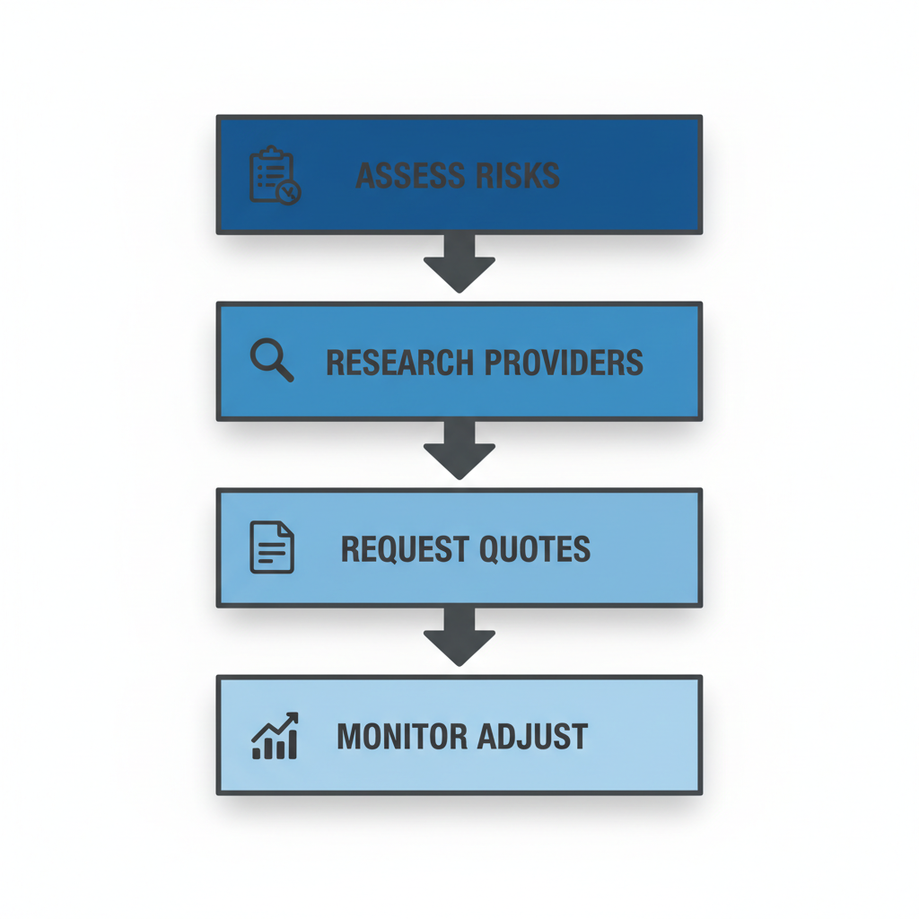 Vertical process flow diagram showing five steps for hiring hotel security guards in Vancouver: assess risks, research providers, request quotes, onboard and train, monitor and adjust.