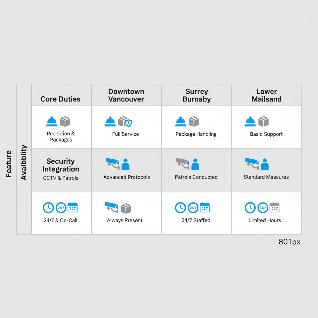 Infographic comparing concierge service features in Vancouver areas including Downtown, Surrey, Burnaby, and Lower Mainland with icons for duties, security, and availability.