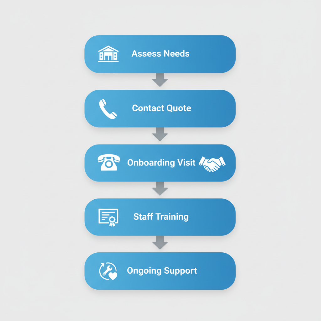 Vertical process flow diagram showing five steps to secure concierge services
