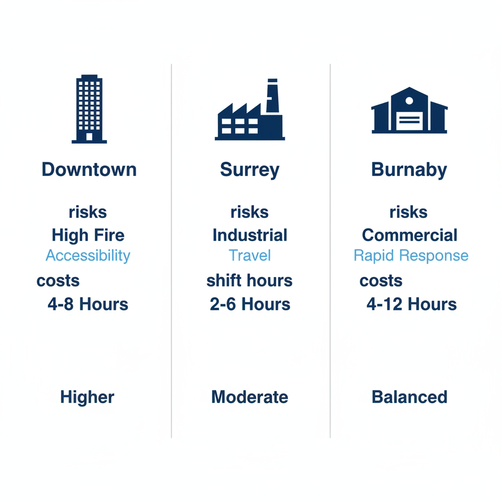 Infographic comparing fire watch needs in Downtown Vancouver, Surrey, and Burnaby with icons and key details on risks, shifts, and costs.