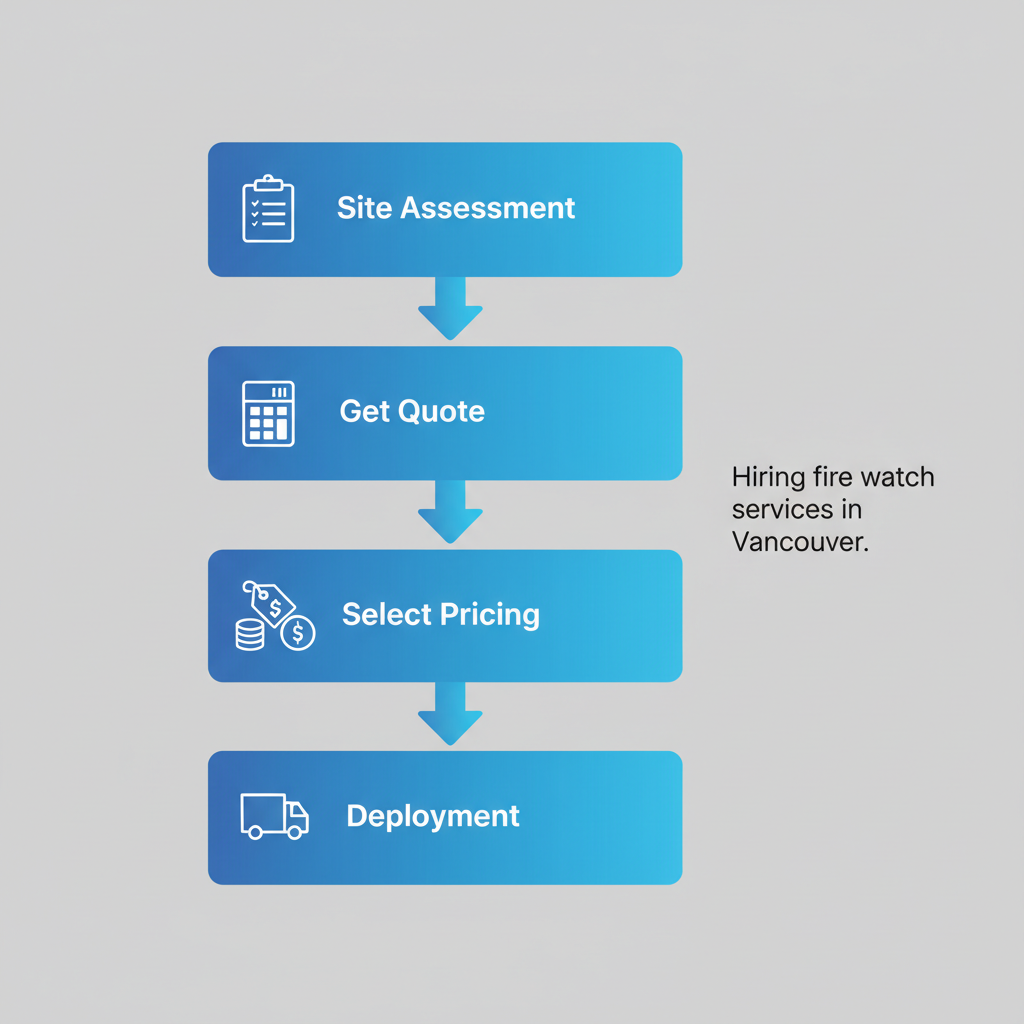Vertical process flow diagram illustrating the steps to hire fire watch services in Vancouver, including site assessment, quote, pricing selection, and deployment.