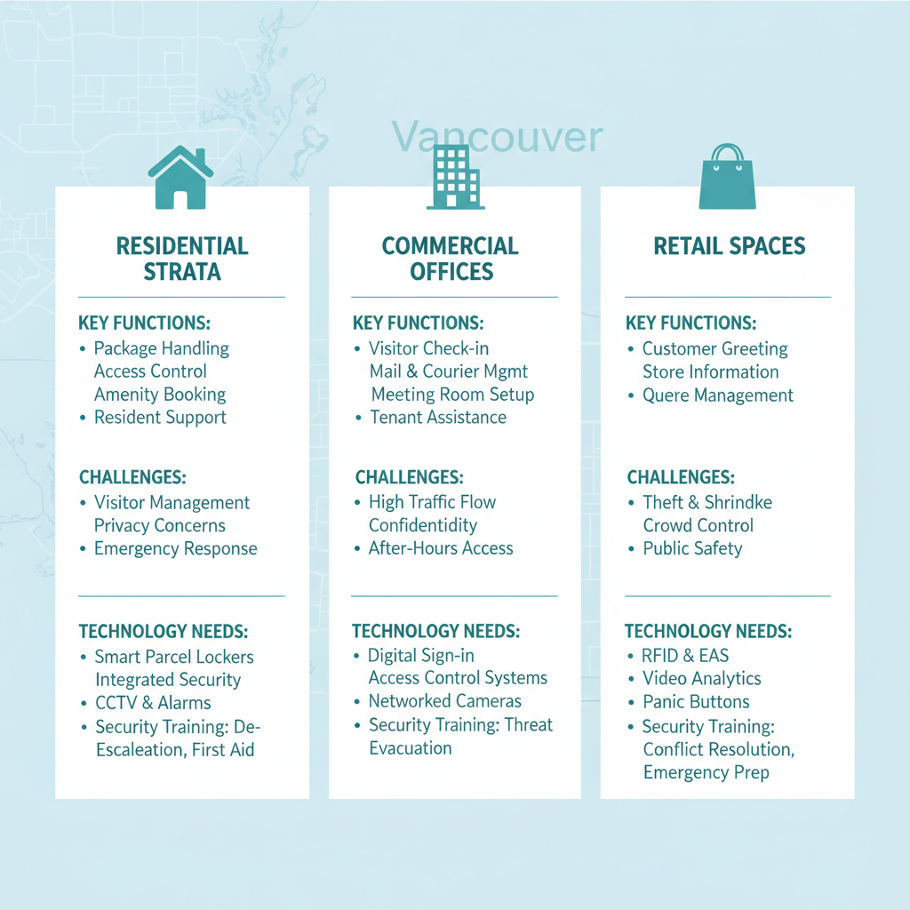 Infographic comparing concierge service needs across Vancouver's residential strata, commercial offices, and retail properties with icons and bullet points.