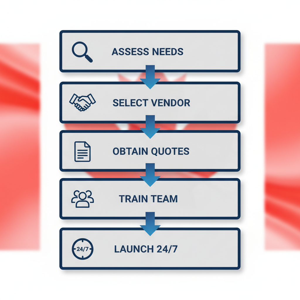 Vertical process flow diagram illustrating five key steps for implementing concierge services in Vancouver, including assessment, vendor selection, quotes, training, and launch with icons and blue arrows.